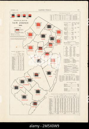 Mappa politica del New Jersey 1888. Dal 'Battle-Ground of the Presidential election' nel numero del 6 ottobre 1888 di Harper's Weekly. I risultati delle votazioni sono rappresentati da barre con codice colore per gli anni 1872, 1876, 1880, 1884 e 1888. 1888 barre sono vuote, da compilare dopo l'elezione.... , New Jersey Foto Stock