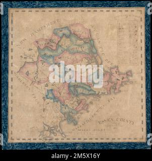 Contea di Essex. Mostra le città, le ferrovie, i fiumi e alcune città e le caratteristiche geografiche. Mappa manoscritta disegnata da una studentessa con inchiostro, acquerello e matita. Include tabella statistica.... , Massachusetts , Essex, contea Foto Stock