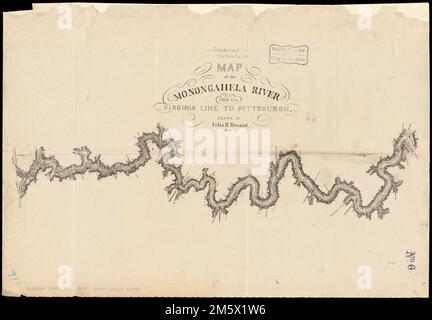 Mappa del fiume Monongahela dalla linea della Virginia a Pittsburgh. Rilievo mostrato da hachures. Orientato con nord a destra.... , Monongahela River Foto Stock