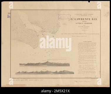 St Lawrence Bay che mostra il porto di Lutke. Rilievo mostrato dai contorni e dalle altezze dei punti. Profondità indicate dalle sonature. Include testo e 2 viste costiere. "Settembre 1855." Baia di San Lorenzo, nel Mare di Bering, sulla costa orientale della penisola di Chukotka, Federazione Russa.... , Russia , Chukotka Autonomous Okrug , distretto autonomo Russia , Чукотский Полуостров , area Zaliv Lavrentiya Foto Stock