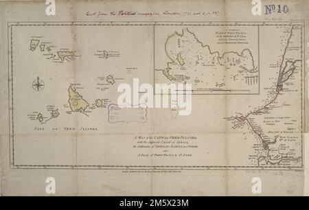 Una mappa delle Isole del Capo di Verd con la costa adiacente dell'Africa, gli insediamenti di Senegal, Gambia e Goree, anche un piano di Port Praya in San Jago. Profondità indicate dalle sonature. Appare nella rivista politica. Londra. 1781. Vol. 2, pag. 387. Esposto in “Faces and Places”, alla Boston Public Library di Boston, ma, ottobre 2003 - settembre 2004 MB (BRL). Questa mappa delle isole di Capo Verde è apparsa nel secondo volume (1781) di "The Political Magazine". Pubblicato da John Bew, un libraio londinese, questo giornale è stato scritto per un pubblico di signori informati e spesso incluso il supplementar Foto Stock