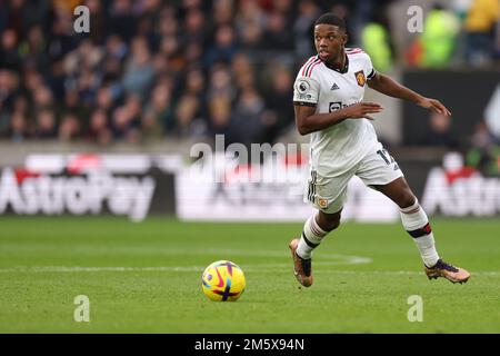 31st dicembre 2022; Molineux Stadium, Wolverhampton, West Midlands, Inghilterra; Premier League Football, Wolverhampton Wanderers contro Manchester United; Tyrell Malacia del Manchester Utd Foto Stock