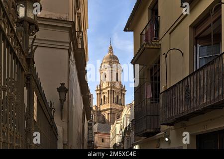 La torre della Santa Cattedrale Chiesa Basilica dell'Incarnazione, la cattedrale di Malaga raffigurata attraverso una strada stretta Foto Stock