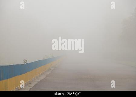 Ringhiere giallo-blu lungo la strada al mattino nella nebbia in Ucraina nel parco Foto Stock