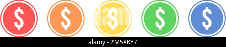 Icona simbolo del dollaro impostata. Simbolo del dollaro in vari colori. Illustrazione Vettoriale