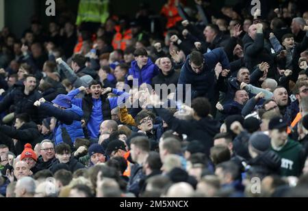 Etihad Stadium, Manchester, Regno Unito. 31st Dec, 2022. Premier League Football, Manchester City contro Everton; i tifosi di Everton festeggiano il gol di equalizzazione della loro squadra segnato da Demarai Gray in 64th minuti Credit: Action Plus Sports/Alamy Live News Foto Stock