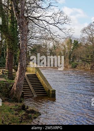 Old Stone Steps che conduce dal River Bank al fiume Wharfe a Ilkley lungo il Riverside Gardens Walk in the Town. Foto Stock