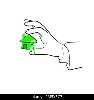 linea d'arte primo piano mano di un uomo d'affari che tiene piccola casa verde illustrazione vettore mano disegnata isolato su sfondo bianco Illustrazione Vettoriale