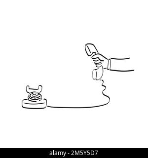 mano d'arte di linea dell'uomo d'affari che tiene il telefono retro con la mano di illustrazione dello spazio della copia disegnata del vettore isolato su fondo bianco Illustrazione Vettoriale