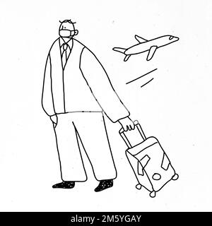 COVID-19 nuovo vettore normale uomo che viaggia doodle carattere Illustrazione Vettoriale