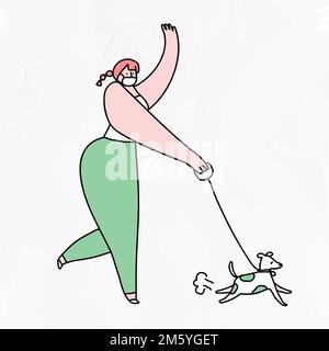COVID-19 nuovo vettore normale donna camminare cane doodle carattere Illustrazione Vettoriale