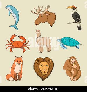 Set di adesivi colorati Vector Wild Animal Illustrazione Vettoriale