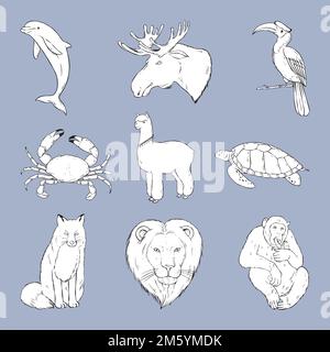 Set di adesivi Vector Wild Animal in bianco e nero Illustrazione Vettoriale