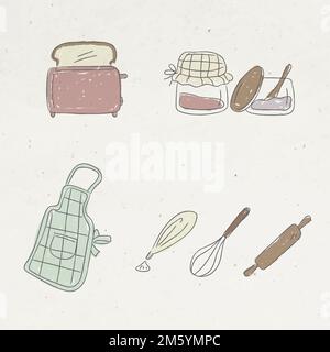 Carino cucina utensili doodle set di adesivi vettore Illustrazione Vettoriale
