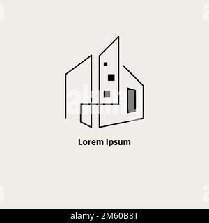 città disegnata con una linea continua, logo architettonico. edifici icona, paesaggio urbano, case simbolo Illustrazione Vettoriale