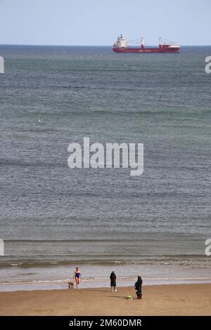 Spiaggia di Tynemouth con nuotatore e nave Foto Stock