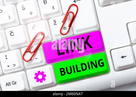 Didascalia concettuale link Building. Parola per SEO link di scambio termine acquisire hyperlink indicizzati Foto Stock