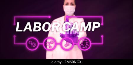 Didascalia concettuale Labor Camp. Concetto che significa una colonia penale in cui viene eseguito il lavoro forzato Foto Stock