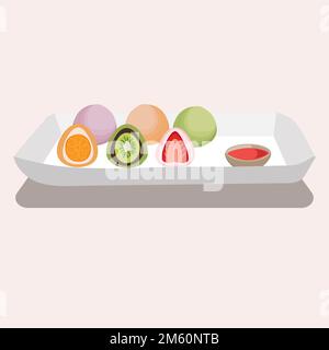 Set Mochi. dessert giapponese. Dolce cibo asiatico in colori pastello. Illustrazione con isolamento vettoriale. Illustrazione Vettoriale