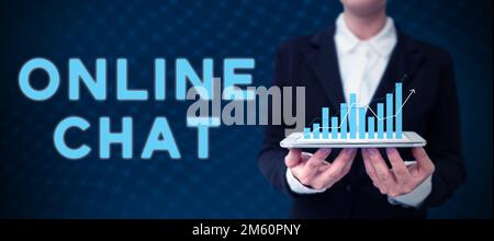 Firma la visualizzazione della chat online. Vetrina aziendale parlare con un amico o qualcuno attraverso internet e telefono PC Foto Stock