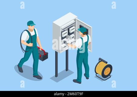 Mantenimento dell'energia elettrica isometrica. Servizio di riparazione tecnico della linea di alimentazione. Quadro elettrico. Trasformatore. Quadro di distribuzione. Illustrazione Vettoriale