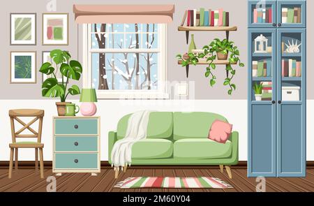 Accogliente interno del soggiorno invernale con nevicate fuori dalla finestra. Interni dal design moderno con divano verde, libreria blu, comò e piano casa Illustrazione Vettoriale