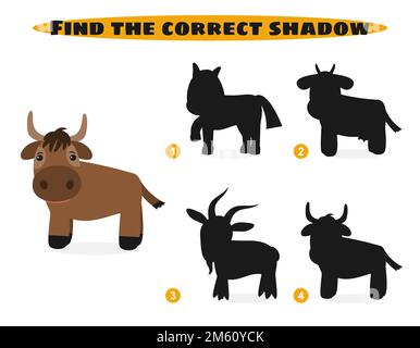 Trovare l'ombra corretta. Animali da fattoria carini. Gioco di educazione. Illustrazione Vettoriale