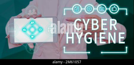 Cartello con scritta Cyber Hygiene. Parola per le misure che gli utenti del calcolatore prendono per migliorare la loro sicurezza cibernetica Foto Stock