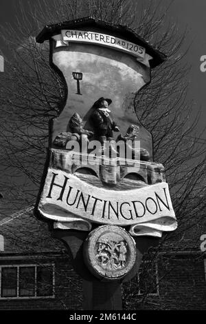 Il cartello della città di Huntingdon, Cambridgeshire; Inghilterra; Regno Unito Foto Stock