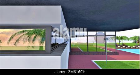 L'uso di una finestra ad angolo come elemento di design di una moderna costruzione di casa privata. Ha un aspetto esteticamente piacevole e fornisce una buona illuminazione indoo Foto Stock