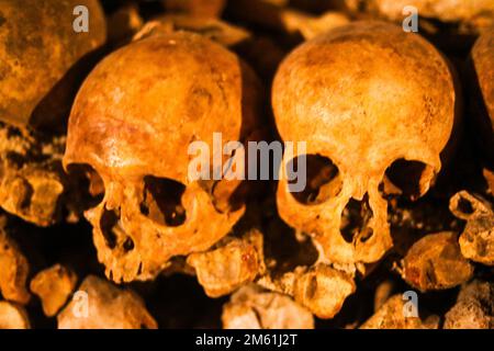 Ossa e teschi nelle catacombe di Parigi, Francia Foto Stock