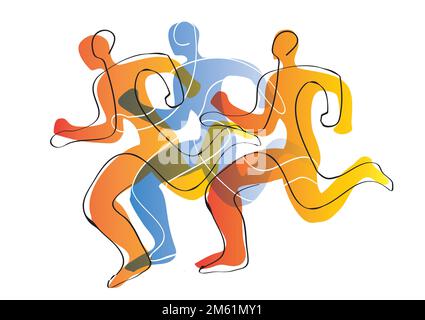 Corsa, maratona, jogging, line art stilizzato. Illustrazione stilizzata di tre corse. Disegno a linea continua. Vettore disponibile. Illustrazione Vettoriale