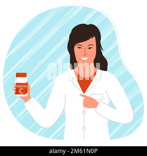 Illustrazione del vettore Nutrizionista contiene una bottiglia di vitamina C e raccomanda di prenderla il medico parla dei benefici delle vitamine essenziali e dei minerali per Illustrazione Vettoriale