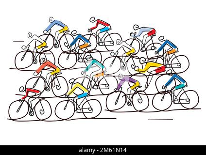 Ciclisti peloton, gara ciclistica, linea d'arte stilizzata. Illustrazione di un gruppo di ciclisti su una strada. Disegno a linea continua. Vettore disponibile. Illustrazione Vettoriale