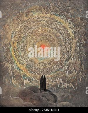 La Divina Commedia di Dante Alighieri , Paradiso, canto 31 : il trono sante forma una rosa nell'empirea (rosa celeste) - di Dante Alighieri (1265-1321) - Illustrazione de Gustave Dore (1832-1883), 1885 - Colorisation digitale d'apres l'originale - incisione a colori digitali Foto Stock