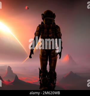Il viaggiatore spaziale esplora un nuovo pianeta desertico - rendering 3d Foto Stock