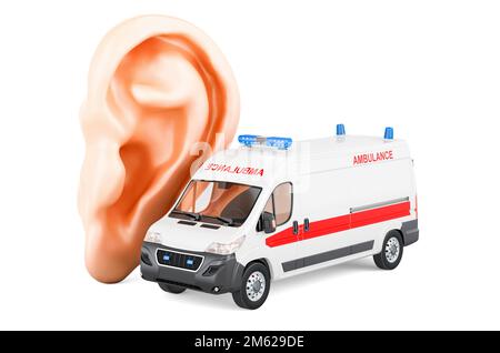Orecchio con furgone ambulanza, medicinali per la malattia dell'orecchio, concetto. 3D rendering isolato su sfondo bianco Foto Stock