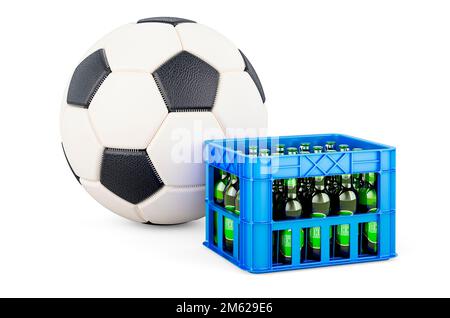 Pallone da calcio e cassa con birre. 3D rendering isolati su sfondo bianco Foto Stock