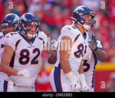 Denver Broncos tight end Albert Okwuegbunam (85) is tackled by Atlanta  Falcons linebacker Foye Oluokun (54), cornerback A.J. Terrell (24), and  linebacker Jacob Tuioti-Mariner (91) during the first half of an NFL