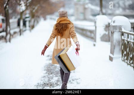 Vista da dietro donna di mezza età in cappello marrone e sciarpa in camel cappotto con guanti e borse per lo shopping fuori in città in inverno. Foto Stock