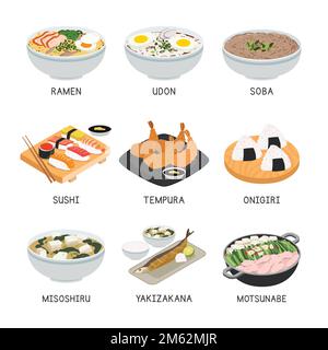 Set di vettori alimentari giapponesi. Set di piatti famosi in Giappone flat vettoriale illustrazione, clipart cartone animato. Sushi, Ramen, Udon, Soba, Tempura, . Cibo asiatico Illustrazione Vettoriale