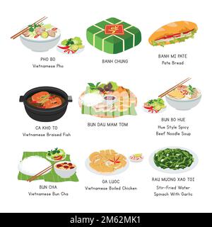 Set di vettori alimentari vietnamiti. Set di famosi piatti in Vietnam piatto vettore illustrazione, clipart cartone animato. Banh mi, Pho, Bun Cha, Banh Chung. Cibo asiatico Illustrazione Vettoriale