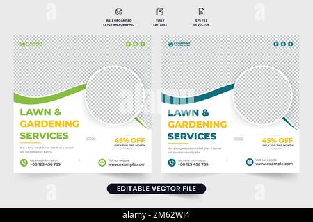 Progettazione di banner Web promozionali per il settore paesaggistico e falciante con segnaposto per foto. Progettazione di modelli pubblicitari per il giardinaggio e l'agricoltura Illustrazione Vettoriale