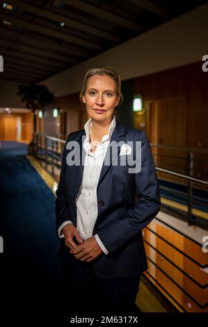 Berlino, Germania. 30th Nov 2022. Alice Weidel (AFD), leader del gruppo parlamentare, si trova di fronte al suo ufficio a Jakob Kaiser House.(a dpa: Dieci anni di AFD - leader del partito Weidel vede la possibilità di aderire al governo) Credit: Fabian Sommer/dpa/Alamy Live News Foto Stock