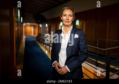 Berlino, Germania. 30th Nov 2022. Alice Weidel (AFD), leader del gruppo parlamentare, si trova di fronte al suo ufficio a Jakob Kaiser House.(a dpa: Dieci anni di AFD - leader del partito Weidel vede la possibilità di aderire al governo) Credit: Fabian Sommer/dpa/Alamy Live News Foto Stock