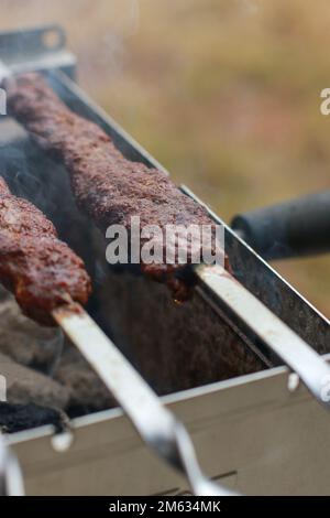 primo piano di kebab alla griglia su spiedino di metallo sul fuoco all'aperto Foto Stock