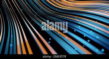 Le linee d'onda scorrono in modo dinamico nei colori blu e arancione isolato su sfondo nero. Tecnologia ai, scienza, digitale e concetto di comunicazione. 3 Foto Stock