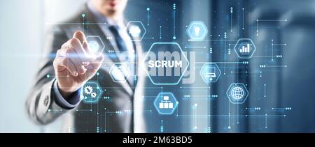 Businessman preme un pulsante Scrum processo di sviluppo software delineare concetto Foto Stock