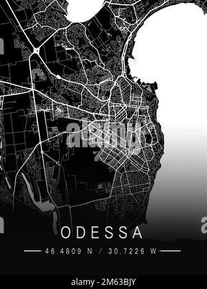 Mappa di Ucraina, Odessa, contorni della città, frontiere, città importanti, fiumi e laghi. layout e ridimensionamento. Latitudine e longitudine. Piano urbano. Foto di alta qualità Foto Stock