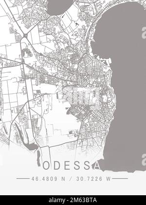 Mappa di Ucraina, Odessa, contorni della città, frontiere, città importanti, fiumi e laghi. layout e ridimensionamento. Latitudine e longitudine. Piano urbano. Foto di alta qualità Foto Stock